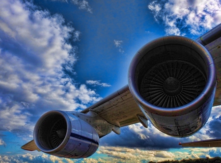 A closeup view of a huge aircraft engine.