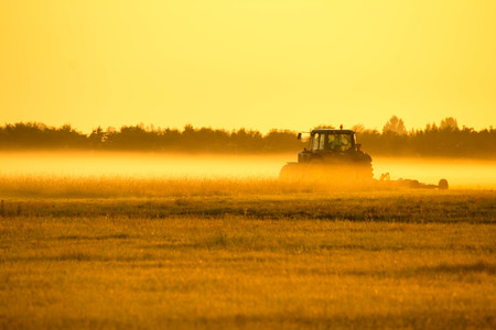 A tractor seen in amongst the mist, cutting the grass around the runway of a busy airport, before air traffic begins to arrive and depart.の写真素材
