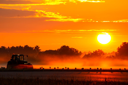 A tractor seen in amongst the mist, cutting the grass around the runway of a busy airport, before air traffic begins to arrive and depart.の写真素材