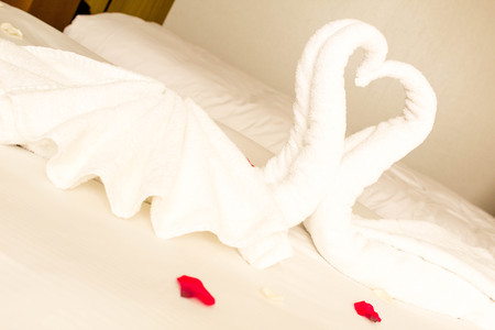 A pair of beautifully designed swans sitting on a bed in a hotel room ready to welcome a couple.の写真素材