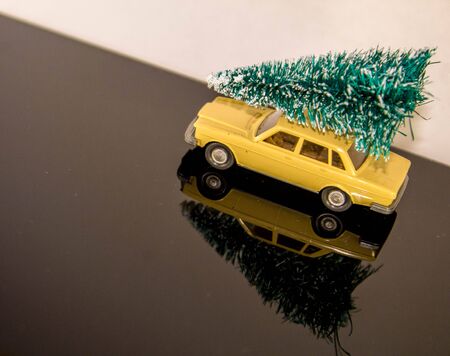 A car against a blank background sits with a lovely green Christmas tree on the roof.の写真素材