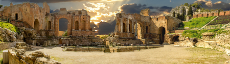 A view of the beautiful city of Taorimina city, in Sicily, Italy.の写真素材