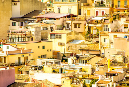 A view of the beautiful city of Taorimina city, in Sicily, Italy.の写真素材