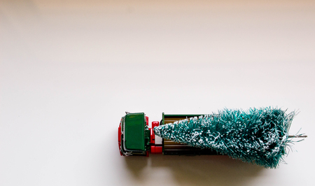 A beautiful Christmas tree ready for delivery on the back of a long truck.の写真素材