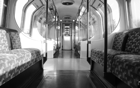 May 19, 2018 â London Underground, England, United Kingdom. The view from inside one of the train carriages.のeditorial素材