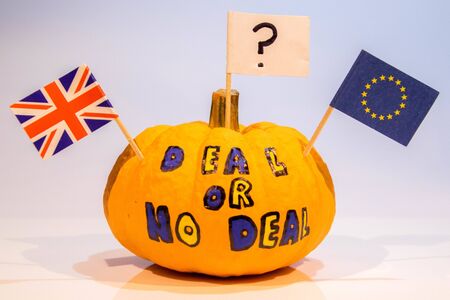 With the Brexit deadline looming on the 31st October 2019, here is a Pumpkin depicting Brexit on Halloween.の写真素材