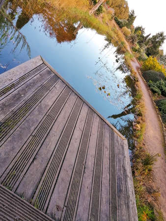 A small pond in well kept gardens with a small wooden walkway for viewers to stand and take in the...