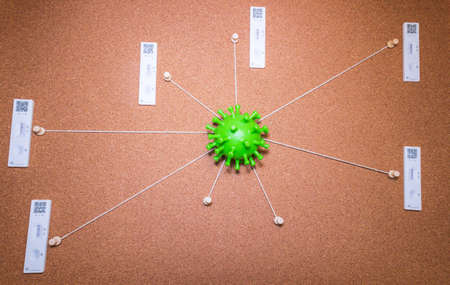 A cork evidence board with several strings from the center point going out to pins around the board....