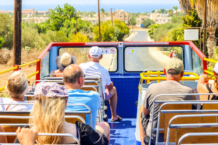 A top deck view from a bus tour, in Paphos, Cyprus. The bus tour taking tourists from across the world to various landmarks and attractions.の写真素材