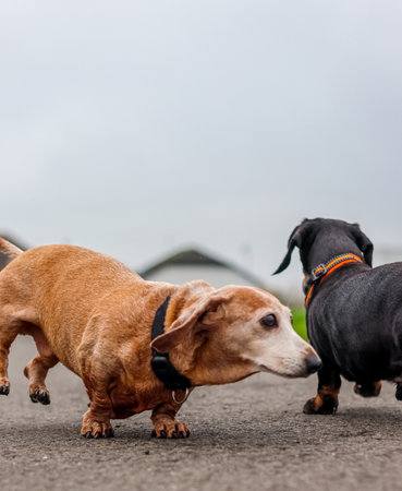 A beautiful Miniature Dachshund breed of dog enjoying going for a walk outdoors.の写真素材