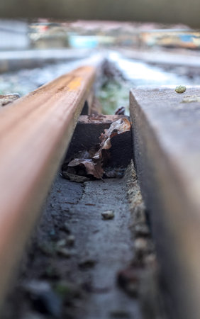 A view looking down at frosty railway tracks, used by diesel and electric freight and passenger trains to get to and from their destinations.の写真素材