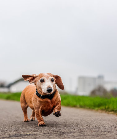 A beautiful Miniature Dachshund breed of dog enjoying going for a walk outdoors.の写真素材