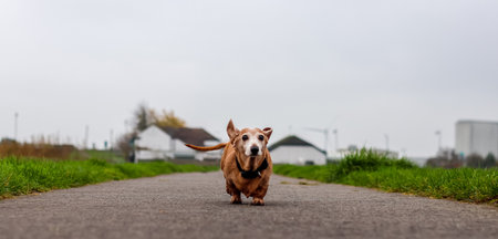 A beautiful Miniature Dachshund breed of dog enjoying going for a walk outdoors.の写真素材