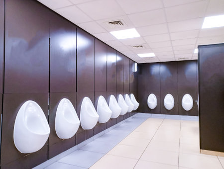 A row of several urinal toilets situated in a service station facilities.の写真素材