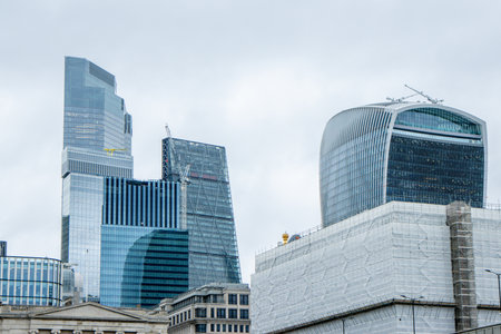 Skyscrapers and other unique building designs make up the cityscape of London, in the United Kingdom.の写真素材