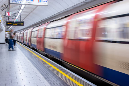 A view from a train station platform as a passenger train flies past at high speed.の写真素材