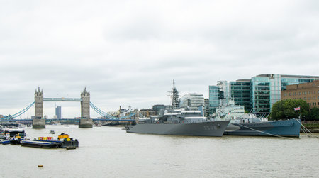 The River Thames, in London, is one of the most famous rivers in the World. Here seen a view looking along with various landmarks and buildings that surround it.の写真素材