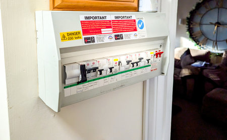 Consumer unit fuse board for a domestic property or business. The board supplies electric with safety fuses to provide protection within the circuits.の写真素材