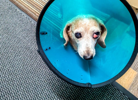 A Miniature Dachshund with an eye condition has had a collar fitted to prevent it from rubbing or itching its eye to prevent further injury.の写真素材