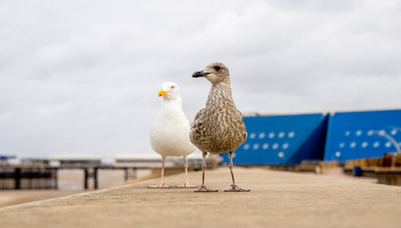 Seagulls are large birds commonly found at the seaside. They can be seen scavenging for food.の写真素材