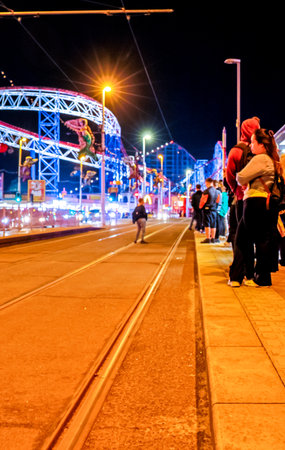 The Blackpool Tramway has been around for a very long time and enjoyed by people from all over for decade, here seen at night.の写真素材
