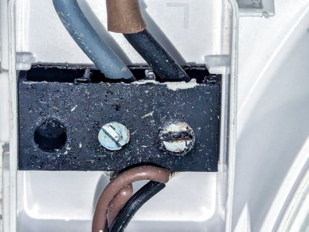 A close up view inside an electric socket component, wired up to supply power to a plug or an appliance of some type.の写真素材