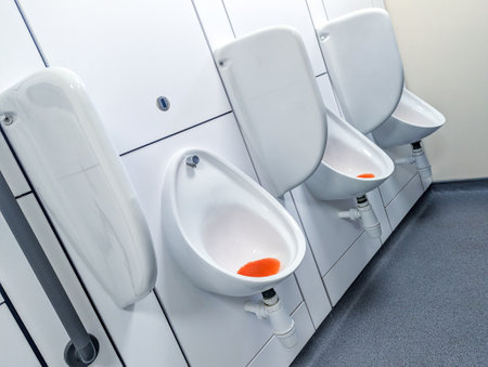 A place for people or men to relieve themselves and urinate into a ceramic urinal designed to take waste away through pipes.の写真素材