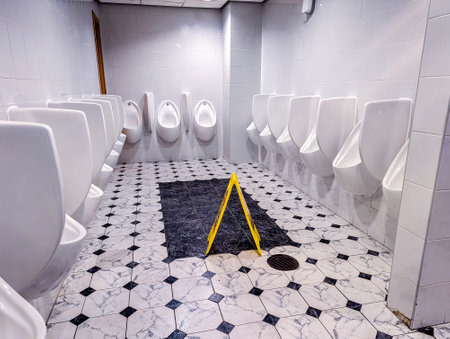 A place for people or men to relieve themselves and urinate into a ceramic urinal designed to take waste away through pipes.の写真素材