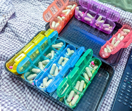 Vitamins or Pills that have been sorted into sections ready to be given in doses on specific days or times.の写真素材