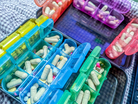 Vitamins or Pills that have been sorted into sections ready to be given in doses on specific days or times.の写真素材