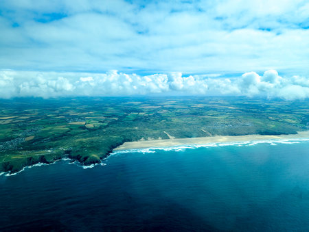 A Typical British Beach View Seen From An Aircraft Of One Of The UK's Coastlines. This location being Newquay on the southern coast.の写真素材