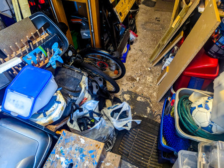 A very full and packed out garage that has been filled and filled over many years with all kinds of tools and machines etc.の写真素材