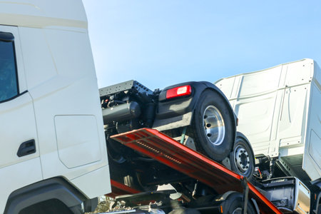 New, broken down or repaired vehicles are often carried on the back of a large heavy goods vehicle, here seen a truck being carried on the back of another truck.の写真素材