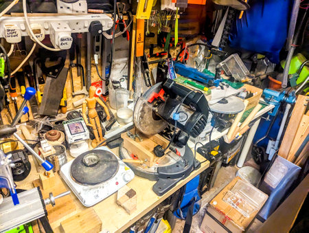 A very full and packed out garage that has been filled and filled over many years with all kinds of tools and machines etc.の写真素材