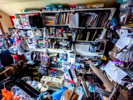 A craft lover who has gone out of control of collecting craft items so much so that walking space within a room is impossible.の写真素材