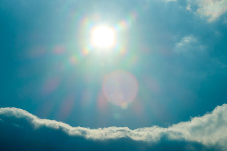 A view from the ground looking up straight into the sunlight creating a glare.の写真素材