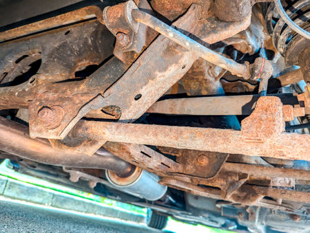 The underbody of a vehicle that is a little rusty, with a close up view of the suspension that enables the car to have a smoother ride.の写真素材