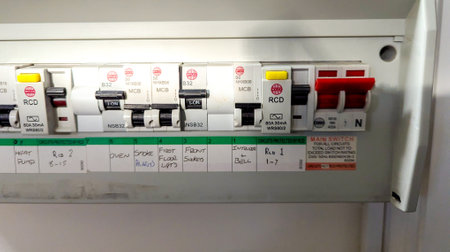 Consumer unit fuse board for a domestic property or business. The board supplies electric with safety fuses to provide protection within the circuits.の写真素材