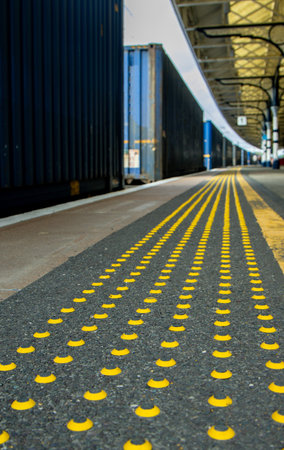 Along a train station platform can be found Tactile Ground Surface Indicators (TGSIs) which are indicators to blind people of the platform edge.の写真素材
