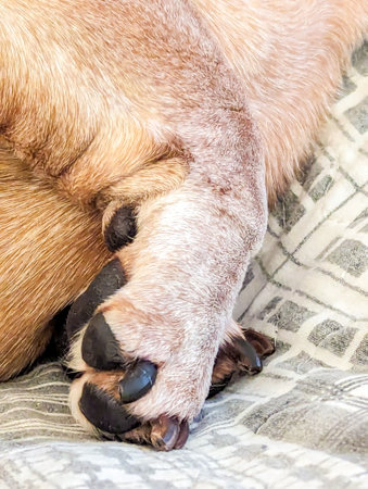 A Miniature Dachshund's paws seen close up with it's black soft pads to protect it when it walks.の写真素材