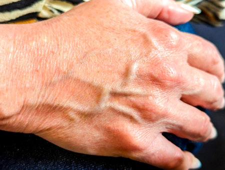 An adult female hand seen close up with the veins and skin that has lasted for many years.の写真素材
