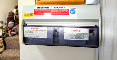Consumer unit fuse board for a domestic property or business. The board supplies electric with safety fuses to provide protection within the circuits.の写真素材