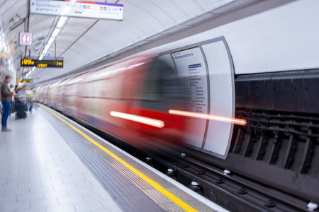A view from a train station platform as a passenger train flies past at high speed.の写真素材