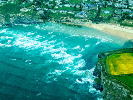 A Typical British Beach View Seen From An Aircraft Of One Of The UK's Coastlines. This location being Newquay on the southern coast.の写真素材