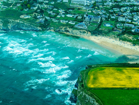 A Typical British Beach View Seen From An Aircraft Of One Of The UK's Coastlines. This location being Newquay on the southern coast.の写真素材