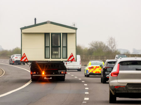 A static home often found at a holiday park or a retirement park which is being carried for delivery by a large lorry.の写真素材