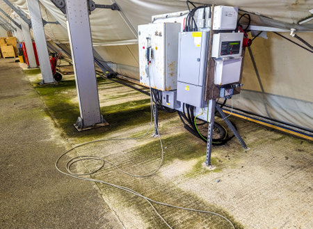 A large power supply unit fixed into the corner of a hangar to use for various electrical equipments.の写真素材