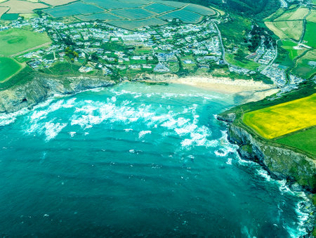 A Typical British Beach View Seen From An Aircraft Of One Of The UK's Coastlines. This location being Newquay on the southern coast.の写真素材