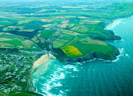 A Typical British Beach View Seen From An Aircraft Of One Of The UK's Coastlines. This location being Newquay on the southern coast.の写真素材
