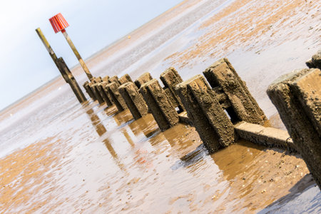 Sand Barriers Typically Seen Along Beach Locations To Prevent Large Sand Movement Occurring. The barriers prevent sand moving along with the tides or waves and building up elsewhere.の写真素材